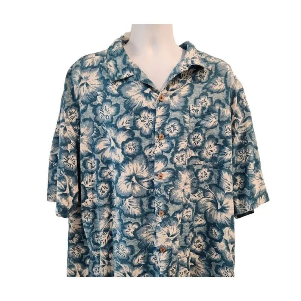 Pusser West Indies Mens Blue White Floral Hawaiian Silk Shirt XL Aloha Hibiscus